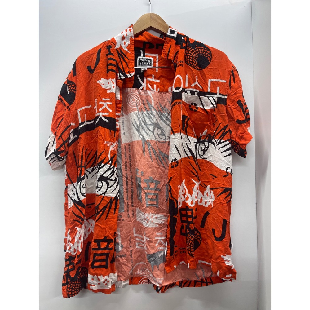 Cornerstore Bodega Mens XL Anime Manga Graphic Button Up Shirt Orange Streetwear